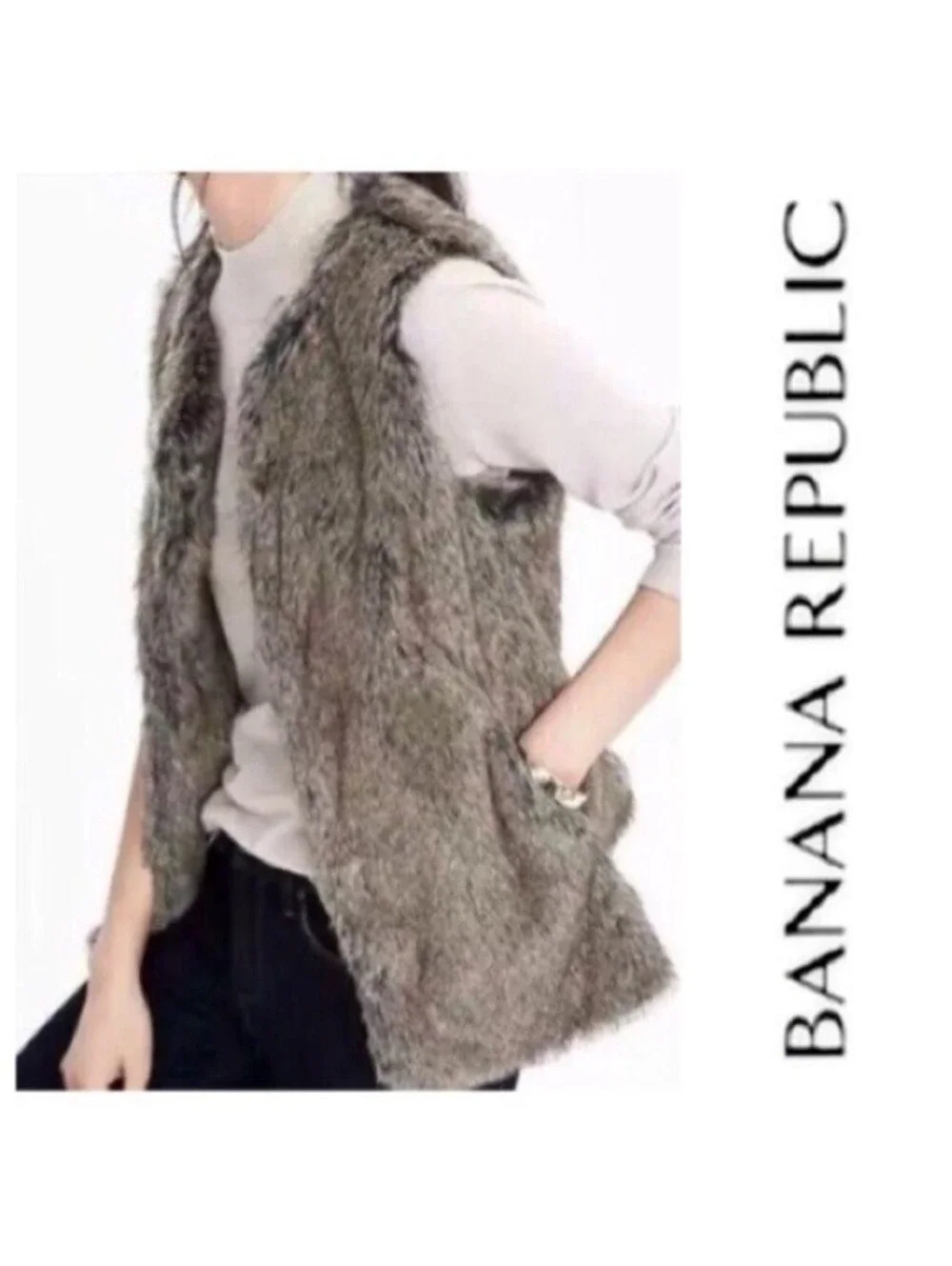 Banana Republic Faux Fur Vest Jacket Mid Long Oversize Length Grey Womens Large
